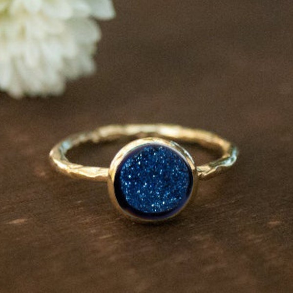 Blue Druzy Rings, Hammered Druzy Rings Gemstone Jewelry, Handmade Midnight Druzy Rings, 925 Sterling Silver, Women Jewelry, Silver Rings