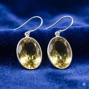 Natural Citrine Oval Cut Gemstone Drop Earrings, Handmade Sterling Silver, Dangle Citrine Birthstone Jewelry, Women's Birthday, Gift For Her