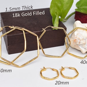 Amazing 2.5mm Thick Chunky Hoop Earrings For Women&#39;s Gold Hexagon Hoops in Gold Filled & Sterling Silver Hoops 20mm, 25mm, 30mm, 40mm, 50mm