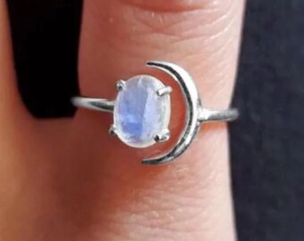 Ring met natuurlijke regenboogmaansteen in halvemaanvorm, ovale sterling zilveren edelsteen sieraden