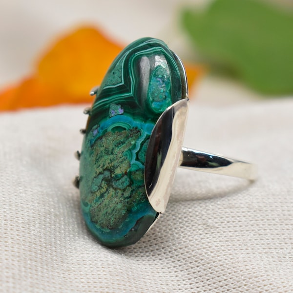 Bague unique Chrysocolla Malachite, bague Chrysocolla, bijoux en pierres précieuses faites à la main, argent sterling 925, bague malachite, cadeau d'anniversaire maman