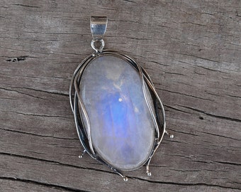 Large Natural Moonstone Pendant, Gemstone Jewelry, Rainbow Moonstone Pendant, 925 Sterling Silver, Oxidized Pendant, Silver Designer Pendant