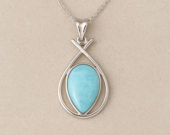 Collier pendentif poire en larimar, bijou en pierre précieuse bleue, argent sterling