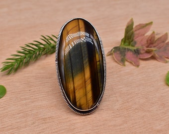 Large Tiger's eye Ring, Women Tiger's eye Ring, Genuine Brown Gemstone, 925 Sterling Silver, Energy Delicate Ring, Energy Ring, Gift For Her