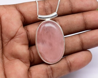 Large Rose Quartz Necklace, Rose Quartz Necklace, Gemstone Jewelry, Solid 925 Sterling Silver, Women Jewelry, Birthstone Gift Charm Necklace