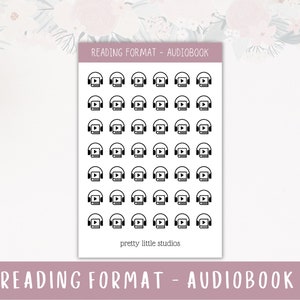 May include: A sheet of 49 black and white stickers featuring an icon of a book with headphones and a play button. The stickers are arranged in a grid pattern. The text "READING FORMAT - AUDIOBOOK" is at the top of the sheet. The text "pretty little studios" is at the bottom of the sheet.
