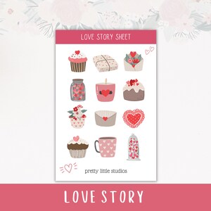 Feuilles d’autocollants décoratifs Love Story - Autocollants Bullet Journal - Autocollants Planner - Autocollants Saint-Valentin - Autocollants roses