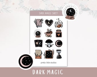 May include: A sheet of stickers with a dark magic theme. The stickers feature illustrations of a crystal ball, a book, a mushroom, a potion bottle, a crescent moon, a cup of tea, an hourglass, and a letter. The sheet is labeled "Dark Magic Sheet" and "pretty little studios".