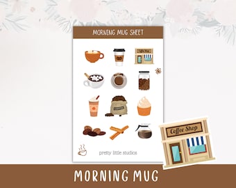 Feuilles d’autocollants décoratifs Morning Mug - Autocollants Bullet Journal - Autocollants Planner - Autocollants Coffee Shop - Autocollants Café