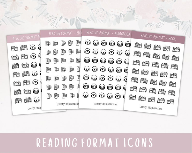 May include: Four sheets of stickers with black and white icons representing different reading formats. The icons include a book, an ebook, an audiobook, and a combination of an ebook and headphones. The text "READING FORMAT ICONS" is at the bottom of the image.