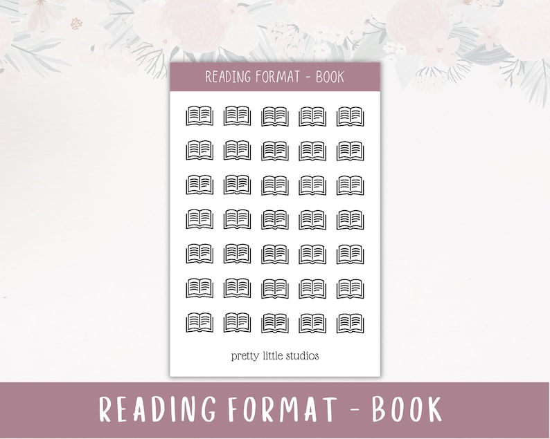 May include: A sheet of stickers with 36 black and white book icons. The sheet is white with the text "READING FORMAT - BOOK" at the top and "pretty little studios" at the bottom.