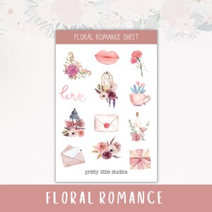 Feuilles d’autocollants décoratifs Floral Romance - Autocollants Bullet Journal - Autocollants Planner - Autocollants Saint-Valentin - Autocollants roses