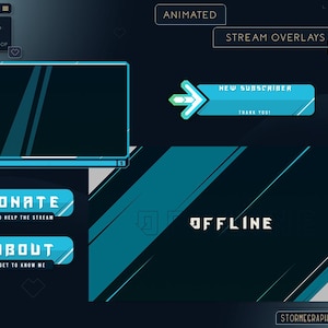 Op de afbeelding: Geanimeerde stream overlay-sjabloon met een blauw en wit kleurenschema. De sjabloon bevat een webcamframe, een melding voor nieuwe abonnees, een donatieknop, een over mij-knop en een offline scherm. De tekst "Geanimeerde stream overlays" staat bovenaan de sjabloon.