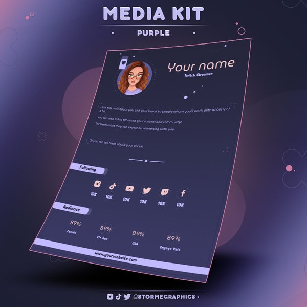 Media Kit Template For Content Creators, Streamers and Influencers | Purple Social Media Press Kit for Tiktok, Instagram, Youtube, Twitch