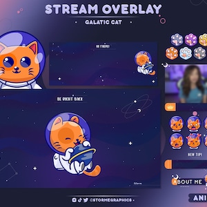Space Kitty Animated Pack | Astronaut Cat Twitch Overlay | Stars, Moon, Cosmic, Night Sky, Magical, Cozy, Galaxy, Planets, Orange, Blue