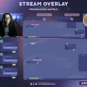 May include: Animated stream overlay with a programmed pastels theme. The design features a user interface with a webcam display, chat boxes, and interactive elements. The overlay includes text such as "Stream Overlay" and social media icons.