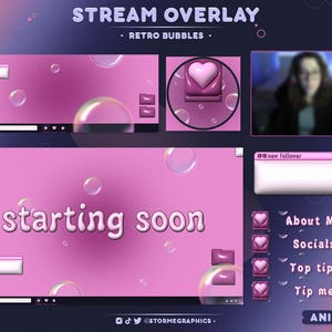 Sovrapposizione di bolle retrò animate / Pacchetto flusso frizzante scintillante / Pacchetto Twitch carino con chiazze rosa / Spuma frizzante con bolle d&#39;aria e bolle di sapone