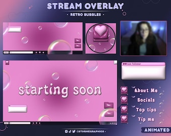 Superposición animada de burbujas retro para streaming: paquete de Twitch rosa Y2K (descarga digital)
