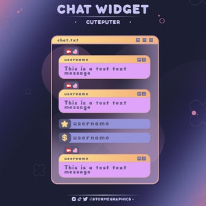 Puede incluir: Un widget de chat con un fondo morado y rosa. El widget tiene una barra de título amarilla que dice "chat.txt". Hay varios mensajes de chat en el widget, cada uno con un nombre de usuario diferente y un mensaje que dice "This is a test text message".