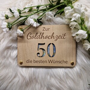 Goldhochzeitskarte aus Holz, Geschenkkarte, 50 Jahre, Geschenkgutschein, Geldkarte, Goldhochzeit, Jubiläum
