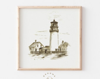 May include: A sepia-toned print of a lighthouse and adjacent buildings, set in a square wooden frame. The artwork features detailed line work, depicting the lighthouse's tower and surrounding structures. The print is signed with the text "BROOM & DAGGER ESTD 2021".