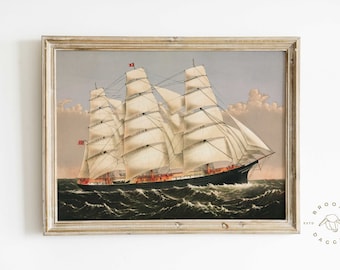 Vintage Clipper Ship Painting: Nautical Coastal Decor (Printable Wall Art)