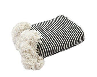 Moroccan Black and White Striped Cotton Blanket | Handmade Boho Throw | Neutral Woven Bed Blanket | Sofa Throw | Farmhouse Decor