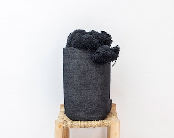 Moroccan Black Pompom Throw Blanket with Tassels | Duvet Cover Blanket made from Hand Woven Slub Cotton | Sofa Throw | Bed End Blanket