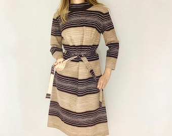 1970s stripe midi casual mock neck modest dress.