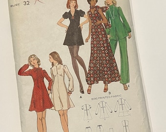 1970s vintage sewing pattern boho maxi dress. Tunic and wide leg pants set.  summer dress puff sleeve mini dress. Butterick 6855