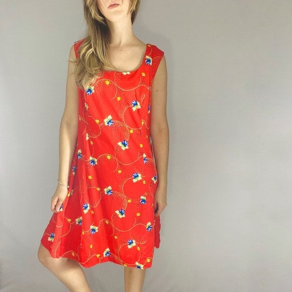 90s tent dress bright red floral pattern tank top… - image 4