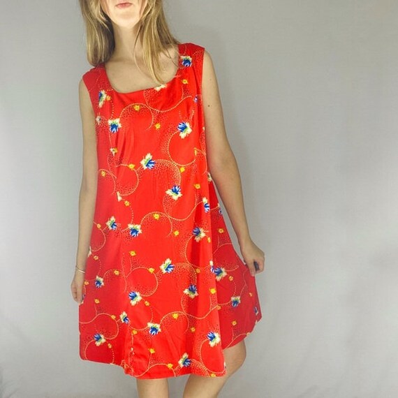 90s tent dress bright red floral pattern tank top… - image 3