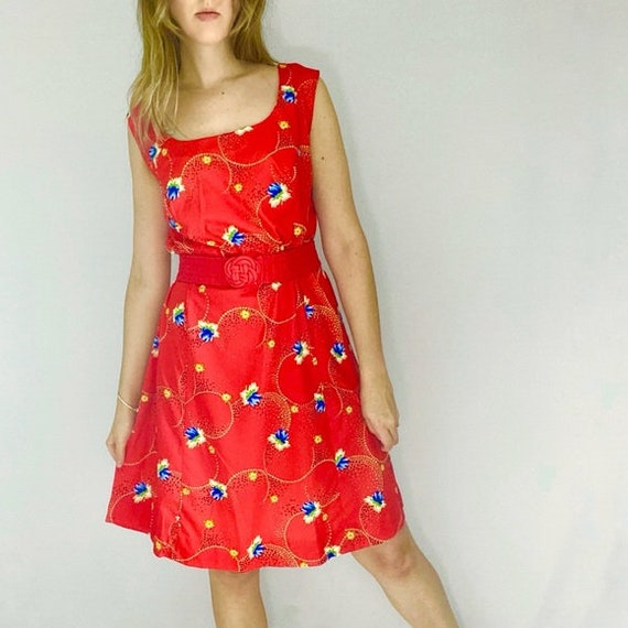 90s tent dress bright red floral pattern tank top… - image 2