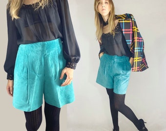 90s vintage teal high waisted suede leather shorts.