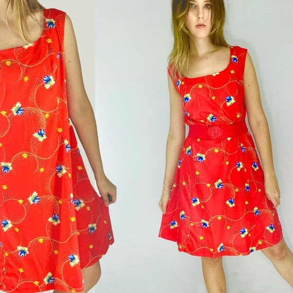 90s tent dress bright red floral pattern tank top… - image 1