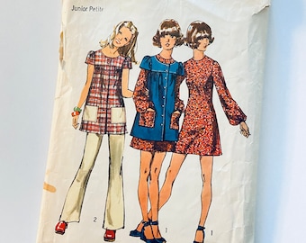 1970s vintage mini dress tunic top pants sewing boho summer tops. simplicity pattern 9834
