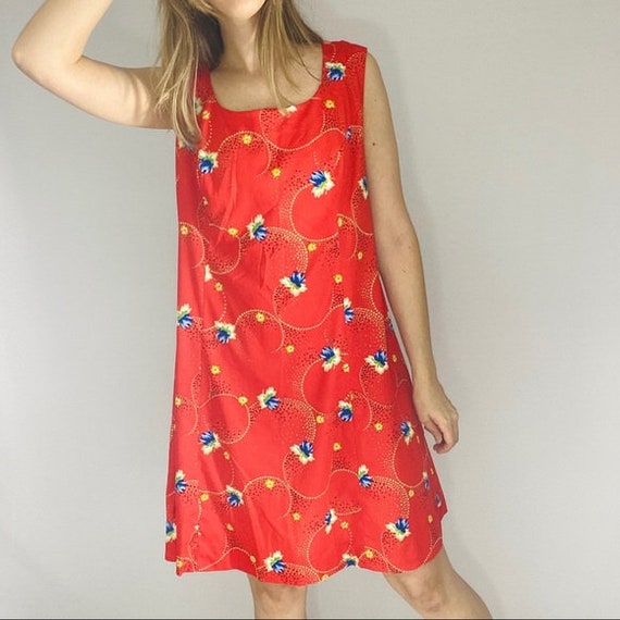 90s tent dress bright red floral pattern tank top… - image 7