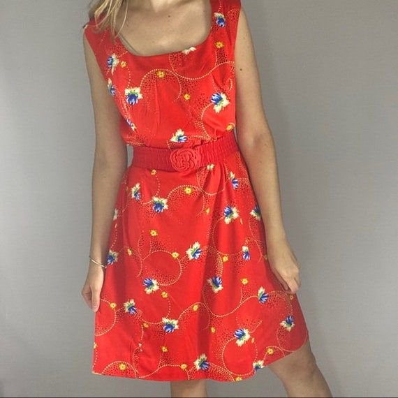 90s tent dress bright red floral pattern tank top… - image 5