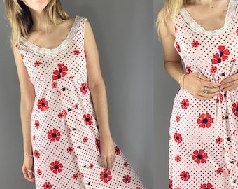 60s 70s floral polka dot red and white summer dress