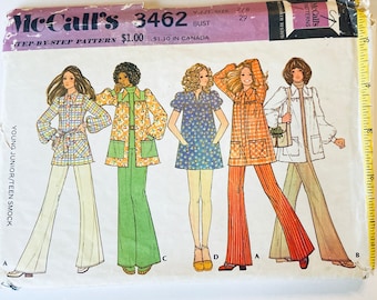 1970s vintage sewing pattern boho prairie summer mini dress, puff sleeve sleeve tunic wide leg pants set. McCalls 3462