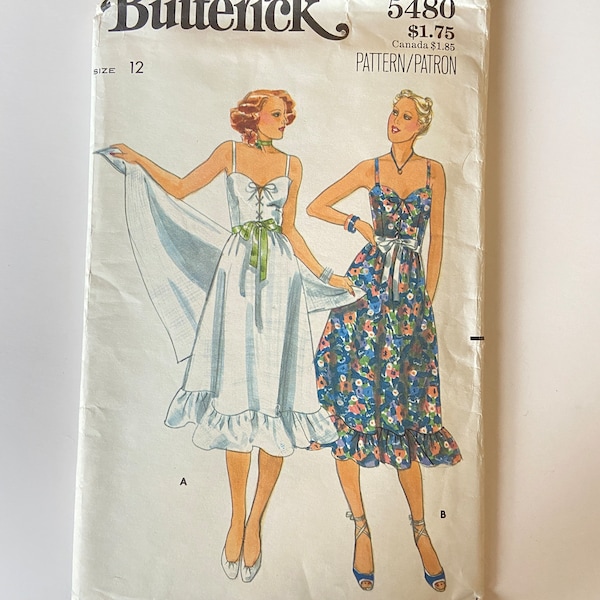 1970s vintage summer dress sewing pattern fitted bodice, sweetheart neck, mid knee  Butterick pattern 5480