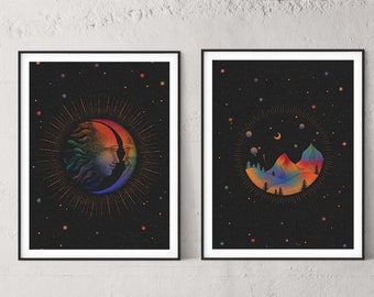 Set of 2 Prints, Celestial Decor, Witchy Decor, Witch Wall Decor, Spiritual Wall Art, Pagan Decor, Witchy Wall Decor, Sun and Moon Print