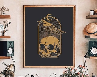 Crow and Skull Gothic Art Print: Witchy Occult Wall Decor