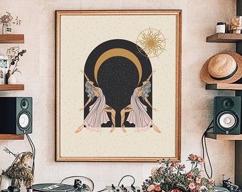 May include: A wooden dining table with a rustic finish sits in a room with a bookshelf, a record player, and a framed print of two figures standing in an archway with a crescent moon and stars above them.