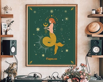 Capricorn Zodiac Art Print: Celestial Sun & Moon Astrology Decor