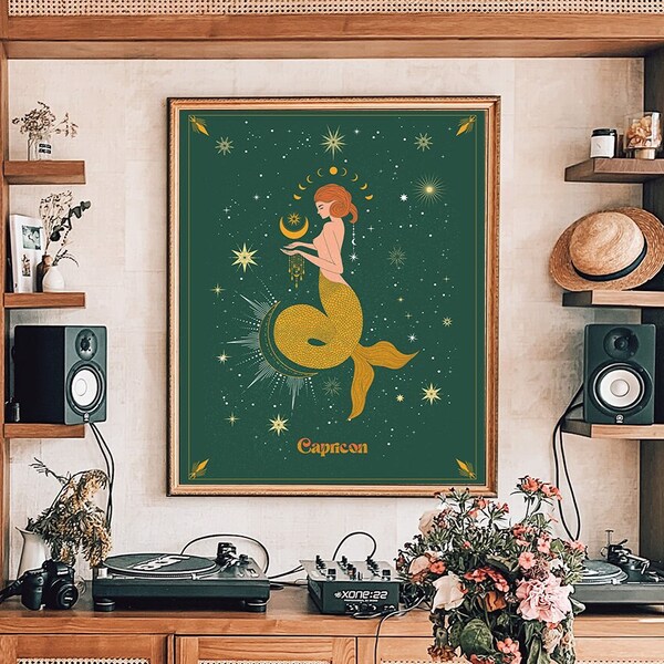 Capricorn Decor, Zodiac Art Print, Celestial Decor, Sun and Moon Print, Zodiac Decor, Astrology Wall Art, Capricorn Poster, Capricorn Gifts