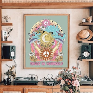 Hippie Decor, Mushroom Wall Art, Groovy Poster, 70s Wall Decor, Psychedelic Poster, Hippie Poster, 70s Hippie Home Decor, Flower Child Art