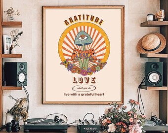 70s Mushroom Art Print: Retro Sun & Moon Hippie Decor