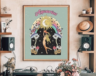 Aquarius Zodiac Poster: 70s Style Astrology Art
