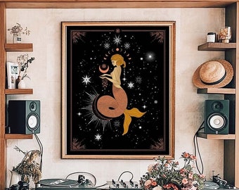 Capricorn Zodiac Art Print: Witchy Astrology Poster, 70s Style